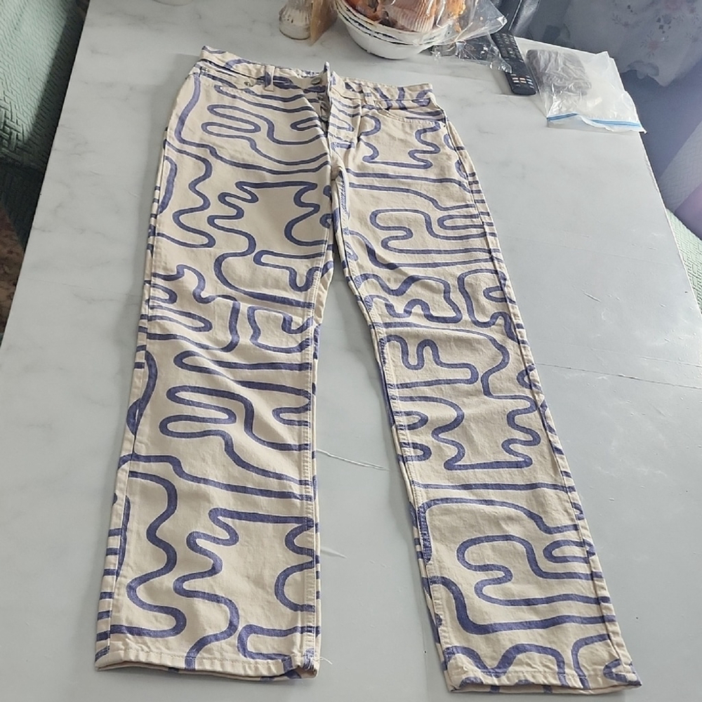 Sara Blue and Cream Patterned Trousers - Picture 3 of 9
